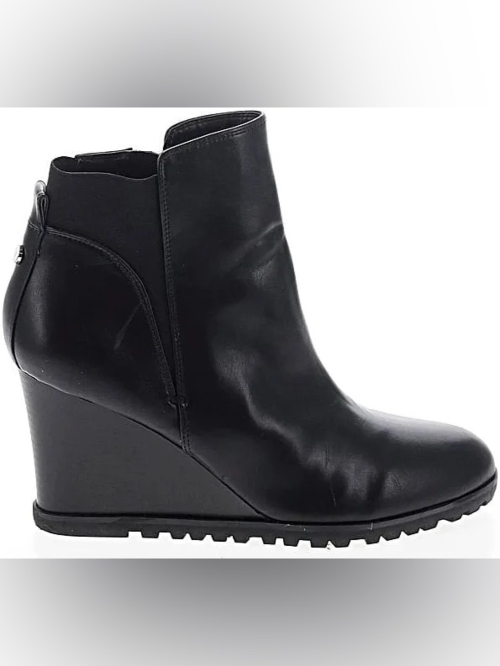 Unisa Black Leather Wedge Ankle Boots Side Zip Size 10